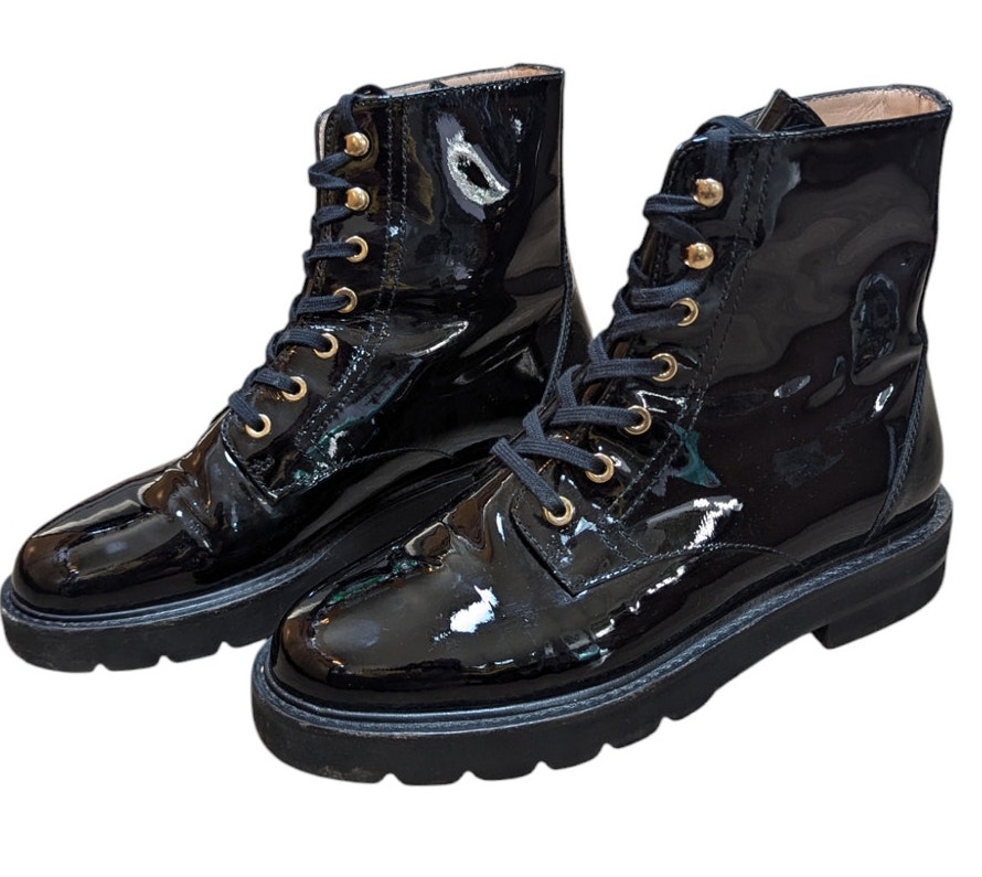 Stuart Weitzman Mila Black Patent Combat Boots Size 6.5